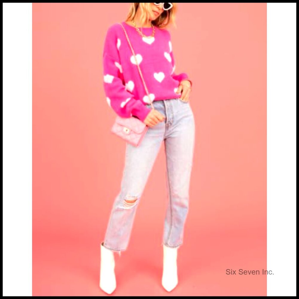 Heart Patchwork Knit Pullover Sweater Long Sleeve… - image 4